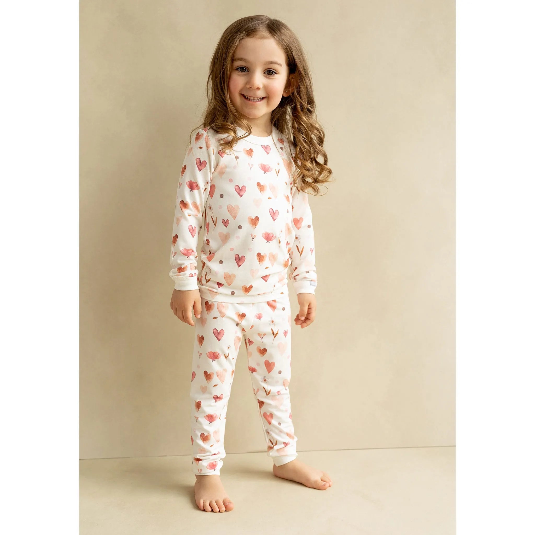 Coccoli Girls Long Sleeve Modal Pajama Set Hearts on Cream